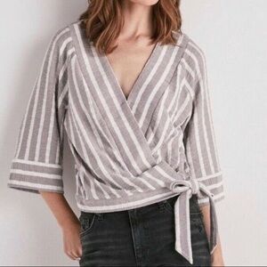 Lucky Brand Striped Faux Wrap 3/4 Sleeve Top